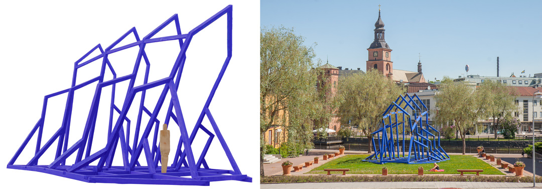 Den blåfärgade katedralen har hittills stått på 11 olika platser runt om i Sverige. Bilden till höger är tagen i Falun 2009.